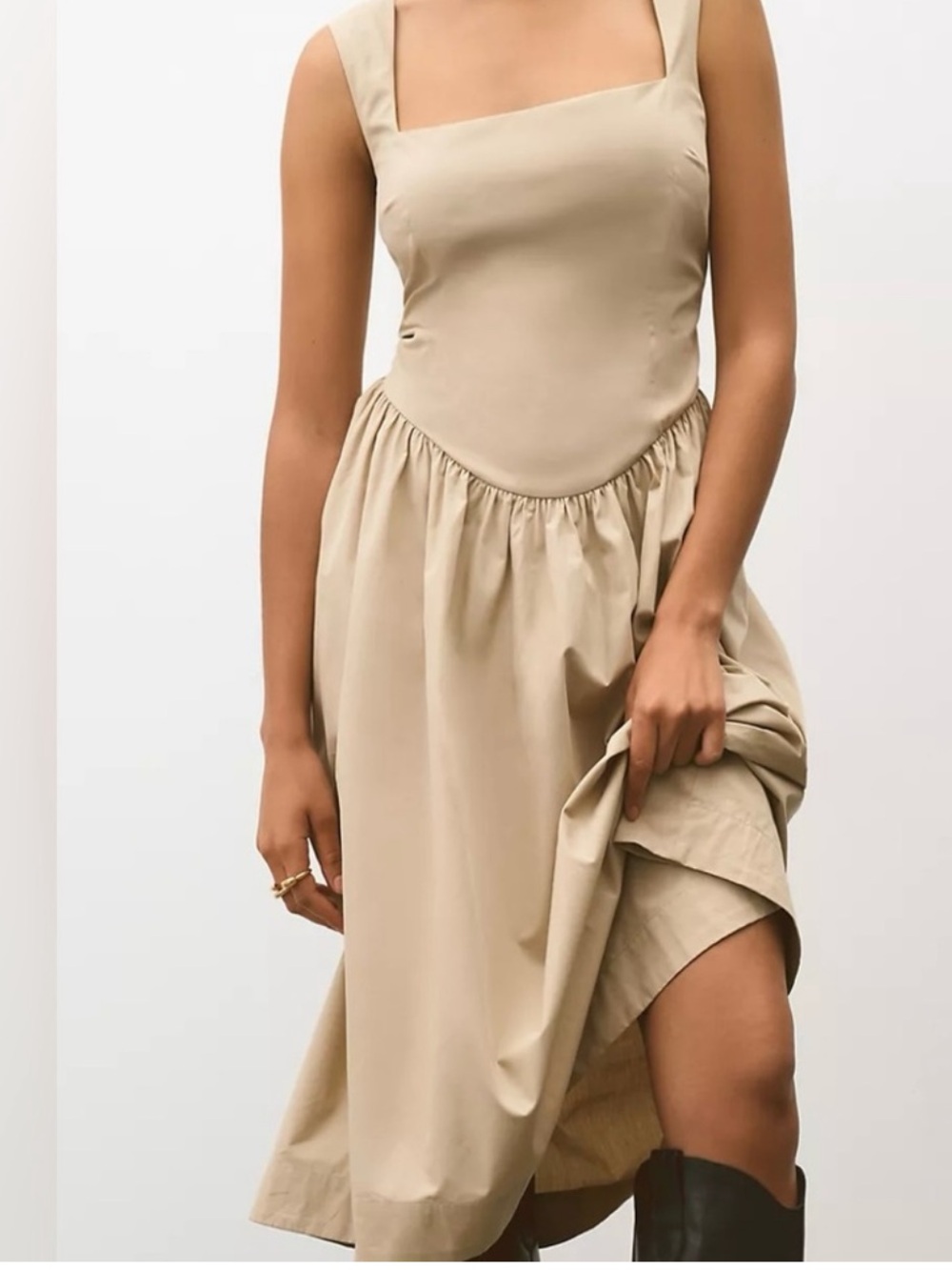 Maeve Sleeveless Drop-Waist Midi Dress in Beige